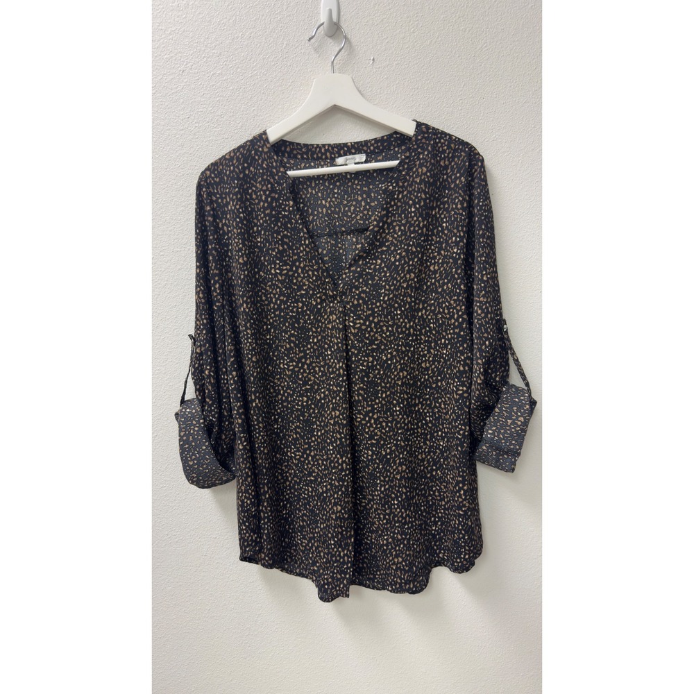 Jodifl Blouse Top Womens L Black Tan‎ Animal Print V-Neck Roll Tab Office Boho